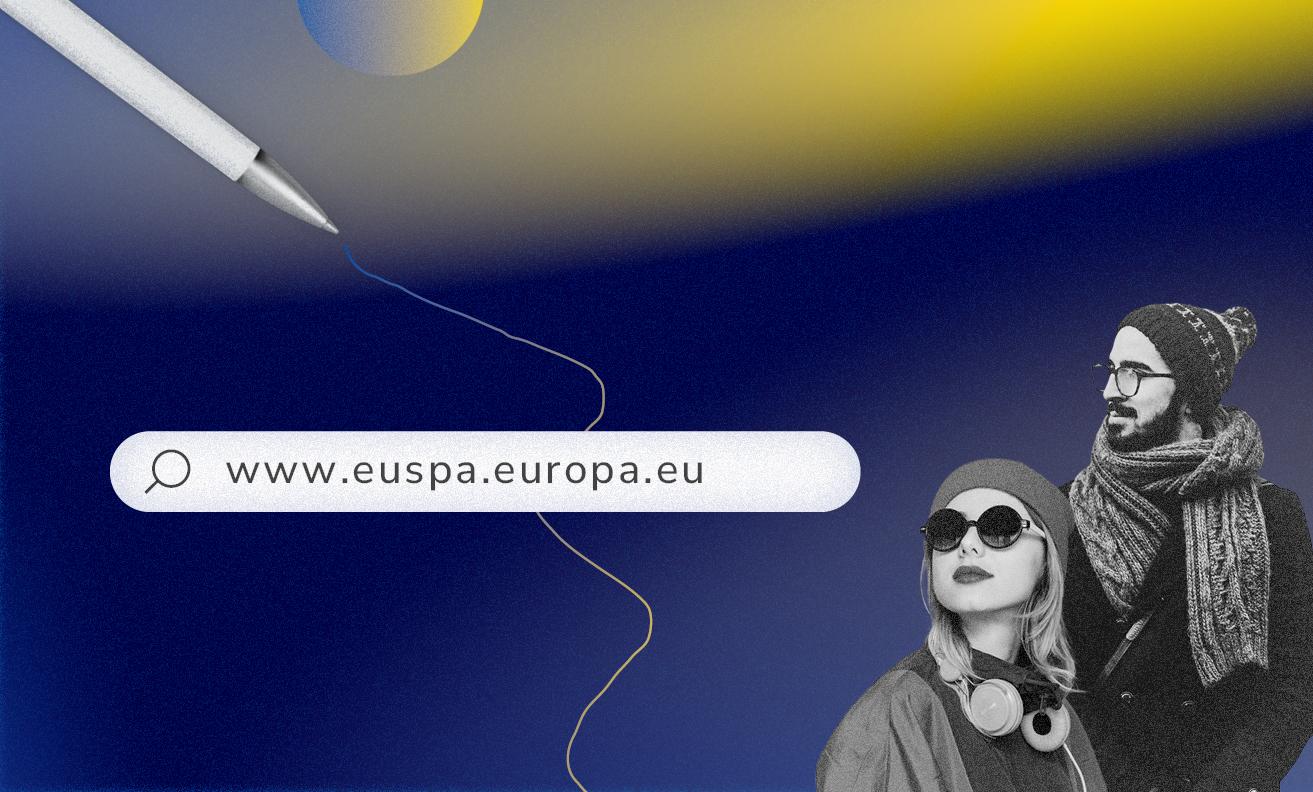 blue and yellow banner with two people in black and white and a search bar with text: www.euspa.europa.eu