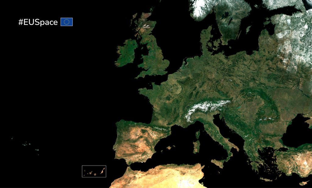 Satellite image of Europe captured by the Copernicus Sentinel-2 satellite. The top-left corner features the hashtag "#EUSpace" alongside the European Union flag.