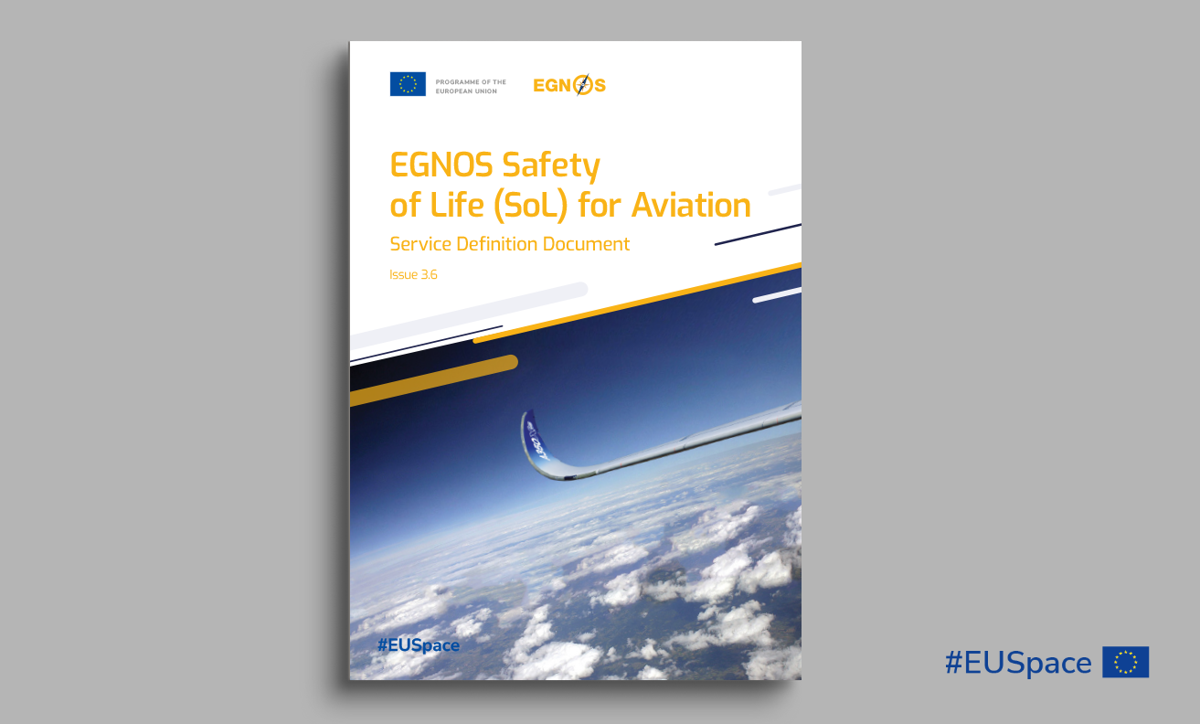 The image shows the cover of the EGNOS Safety of Life for Aviation publication. The cover features a view of a sky and a plane wing