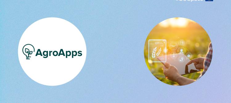 AgroApps logo and a farmer using a tablet with digital farming icons, supported by EU Space.